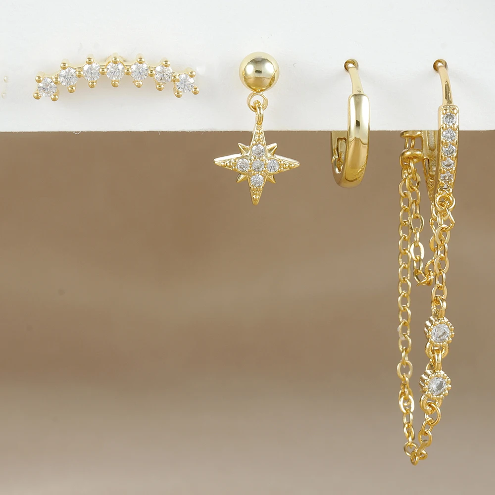 

4PCS Set Long Tassel Double Layer Chain Hoop Earrings For Women Trendy Tragus Helix Cartilage ear stud Earrings Piercing Jewelry