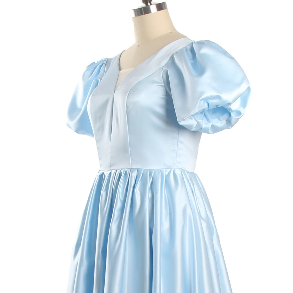 Vestidos de noite cetim brilhante céu azul simples mangas curtas puff rendas até plissado a linha andar comprimento mais tamanho vestido de festa b1918