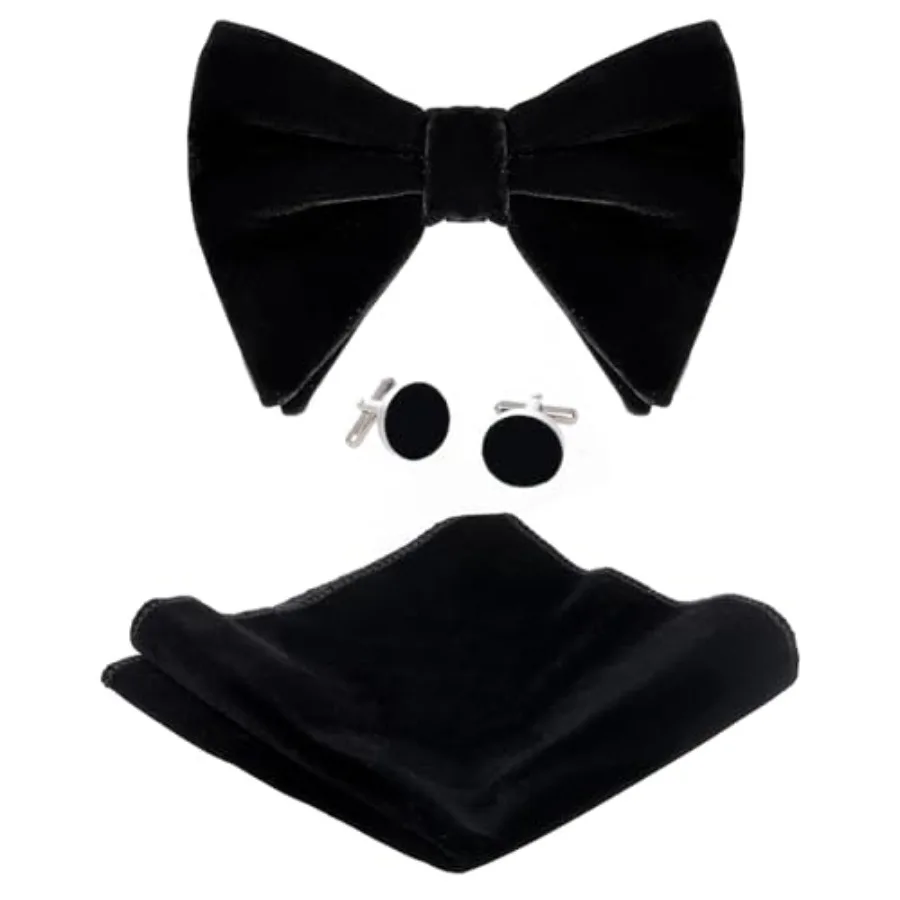 

Velvet Bow Tie Pocket Square Cufflinks Set for Men, Solid Pre-tied Adjustable Bowtie, Men's Tuxedo Bow Ties