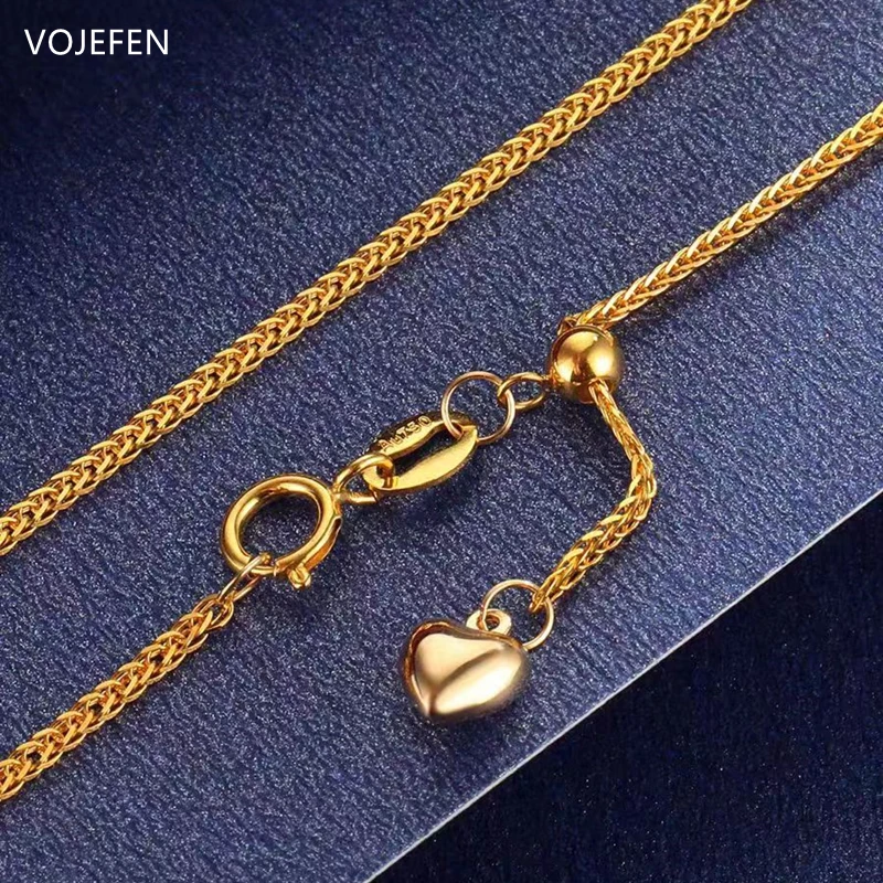 VOJEFEN 18K Gold Chain Necklace Luxury Woman Neck Chopin Chain Original Pure Jewelry Ladies Heart Pendant Slide K Gold Necklace