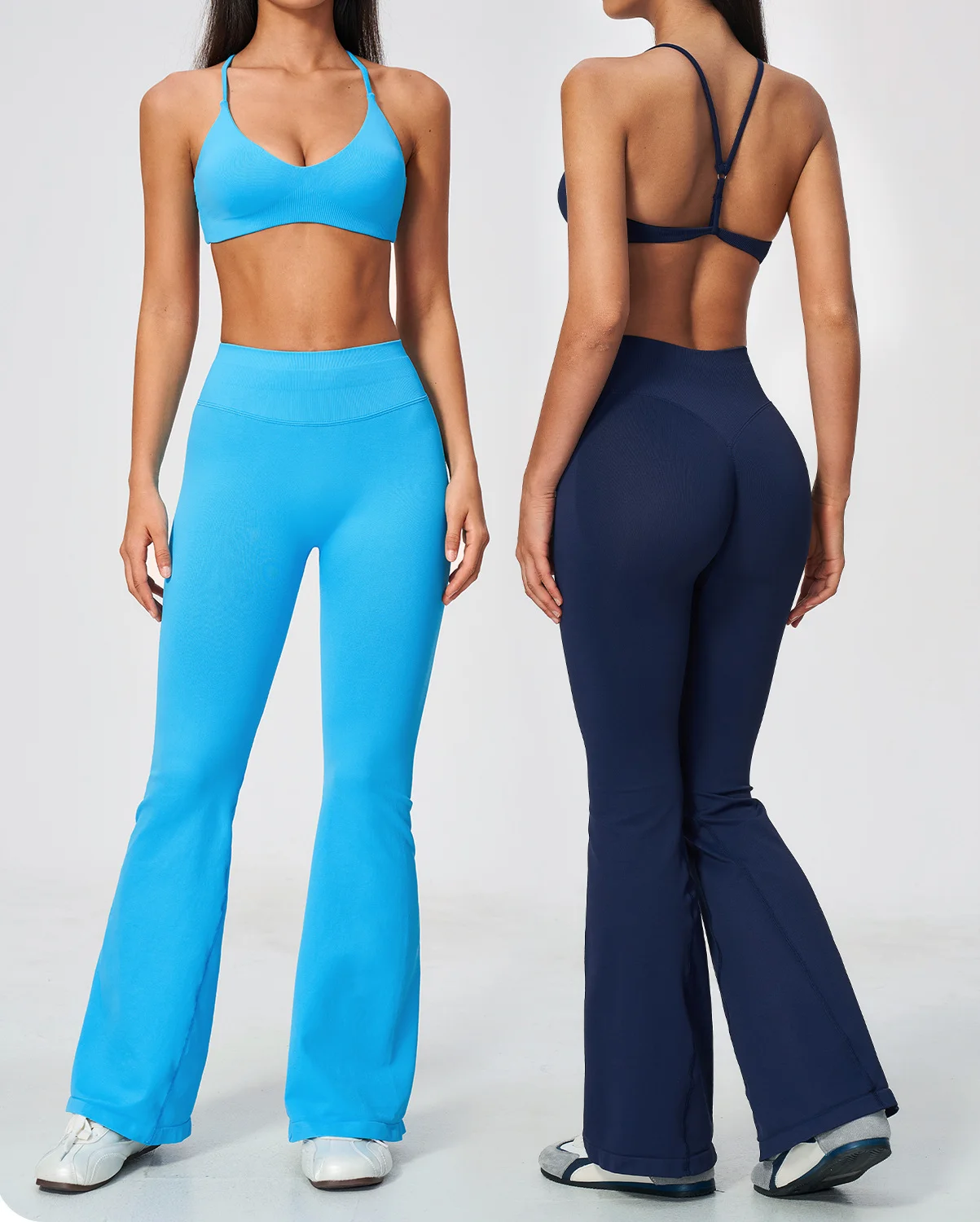 DINGPAI Women Seamless 2Pcs Yoga Set Y Back Spaghetti Strap Sports Bra High Waist Flared Leggings Gym Workout Fitness Activewear