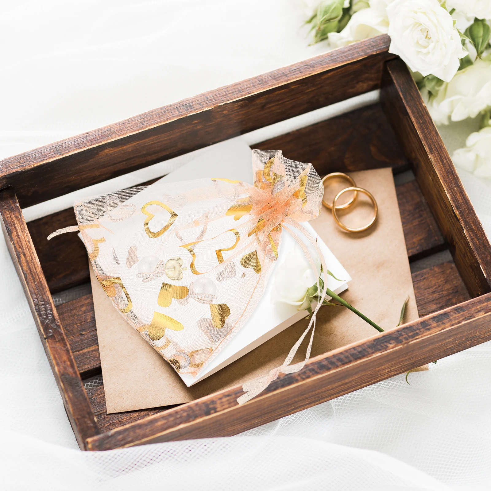 

50pcs Heart Shaped Jewelry Pouch Gold Foil Drawstring Mesh Bag For Valentines Day Wedding Party Favor Packaging Small Business