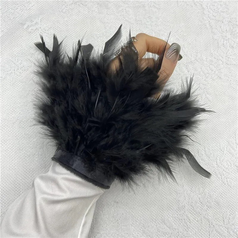 Women Natural Fur Feather Cuffs Magic Sticker Bracelet Arm Cuff Shirts Sleeves For Women Real Ostrich Feather Anklet Wrist Cuff