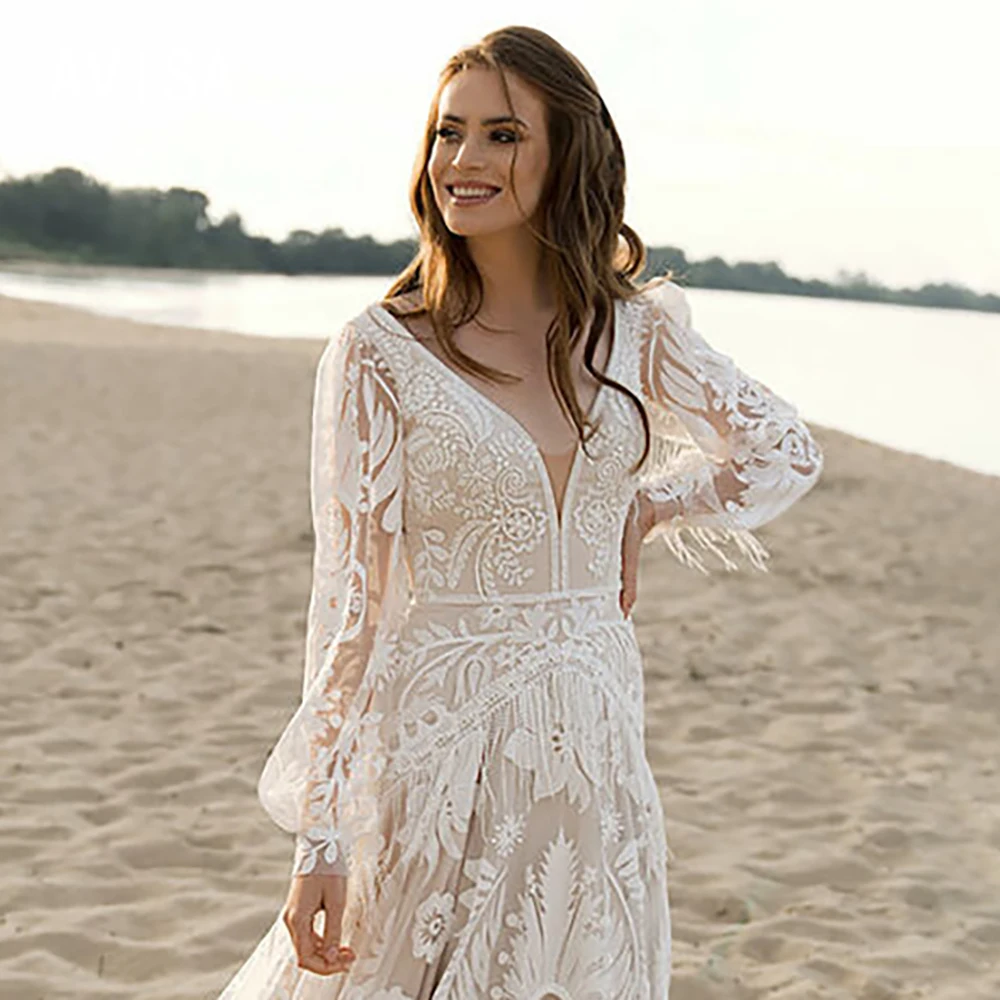 Boho Long Puffy Sleeves Vestido de Noiva, Allover Lace, Vestidos De Noiva Boêmios Ellipse, A-Line V-Neck, Tassel Bohemian Beach Modest Dress