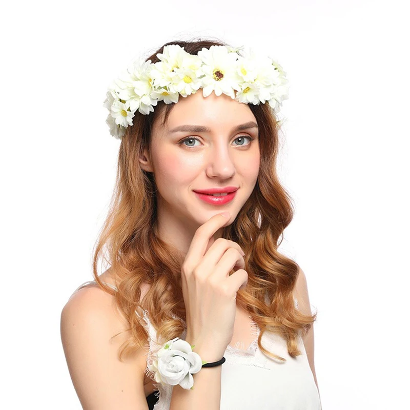 Simulation Cloth Sun Daisy Ring Flower Crown Hair Wreath Fake Flower Headband Adjustable Ribbon