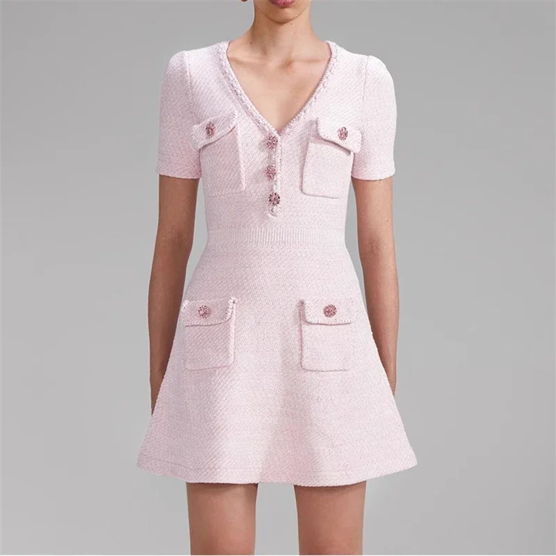 

S Luxury Design Women's V-neck Dress Multi-Pocket Diamond Button Short-sleeved Knitted Dress Y2k Pop Commuter Slim Mini Skirt