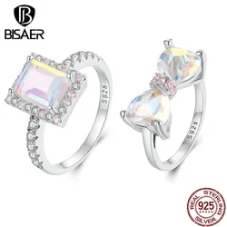 BISAER Anello in argento sterling 925 con fiocco a farfalla Anello con zirconi quadrati placcato in platino per le donne Gioielleria raffinata originale