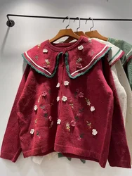 Mori Girl Japan Fashion Handmade Flowers Embroidery Knitted Cardigan Women Autumn Dark Red Kawaii Lace Sweater Coat