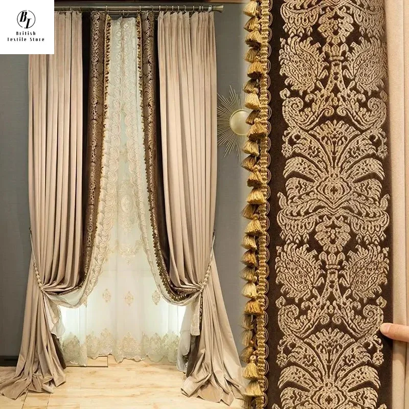 Custom  Size！！ American High End Retro Embroidered Blackout Velvet Patchwork Curtains for Living Dining Room Bedroom Villa Decor