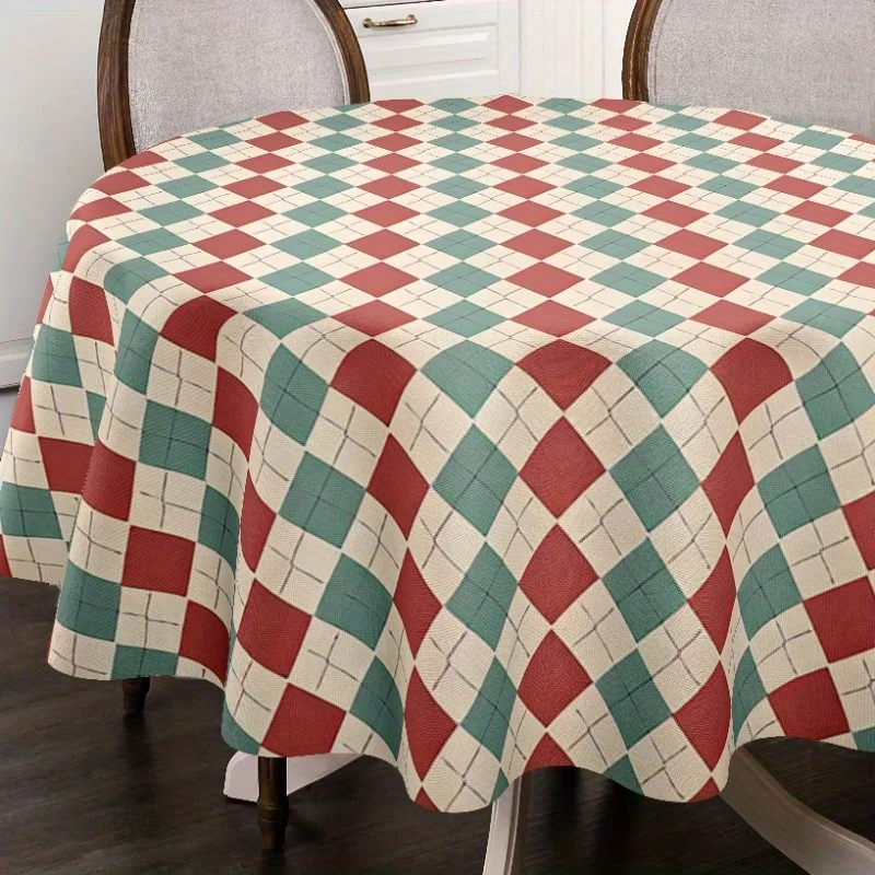 2D flat tablecloth 1 piece. Bohemian style round polyester tablecloth, with red and green diamond patterns.zyc
