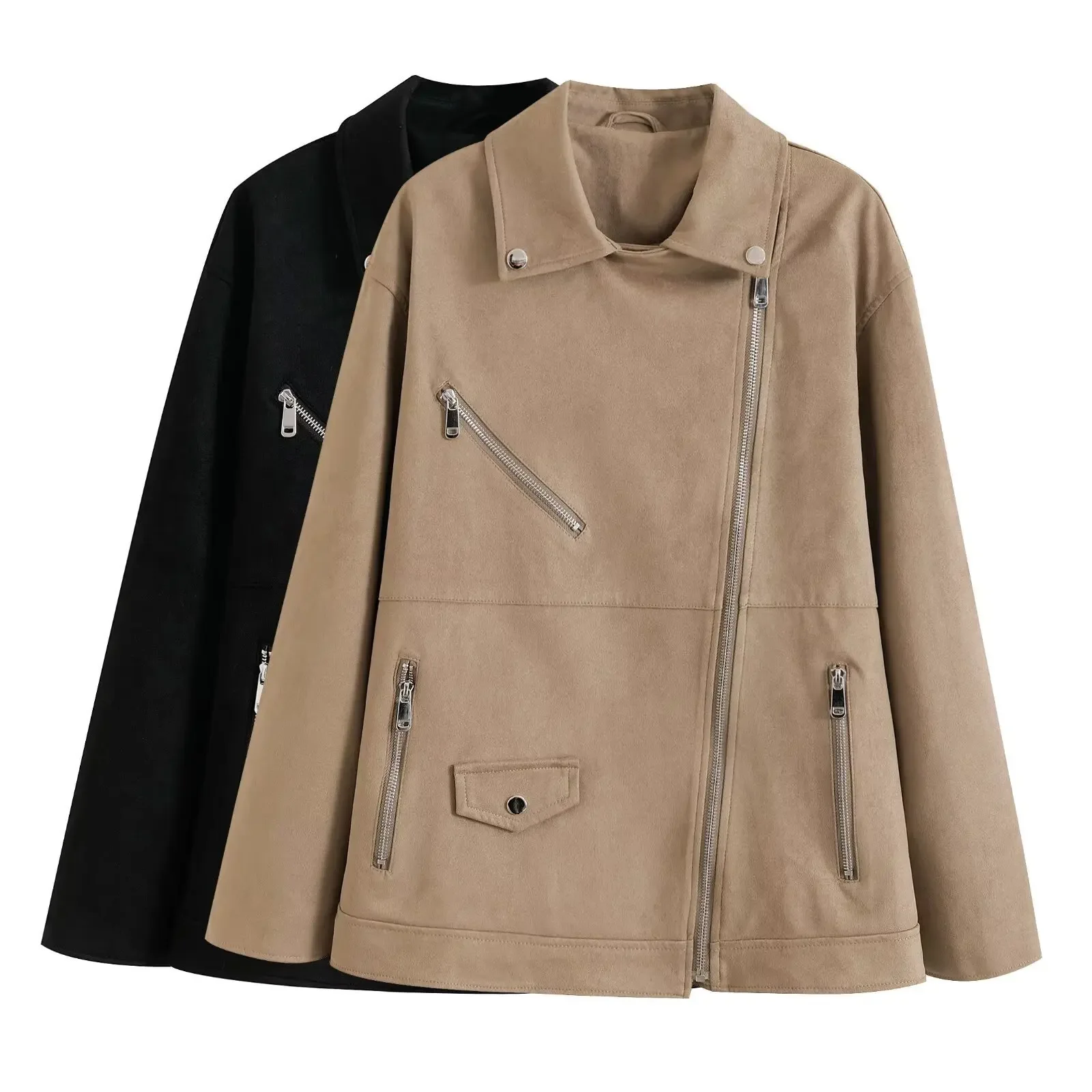 Spring Autumn Casual Lapel Suede Jacket Women Vintage Long Sleeve Jackets 2025 Fashion Female Outwear with Pocket