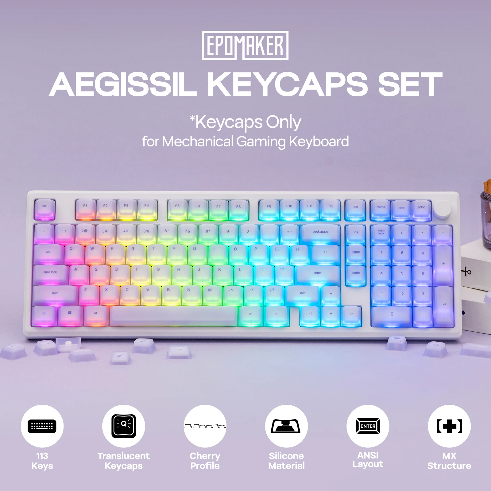 

EPOMAKER AegisSil Keycap Set 113 Cherry Profile Silicone Material Keys for Cherry MX/Kailh/Outemu/Gateron Mechanical Keyboard