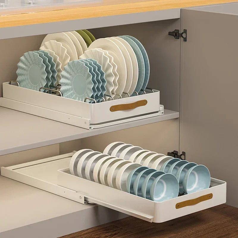 Kitchen Sliding Dish Bowl Storage Rack Cabinets Drawers  Drying Rack Kitchen Organizer Sink Shelf Tableware Accessories