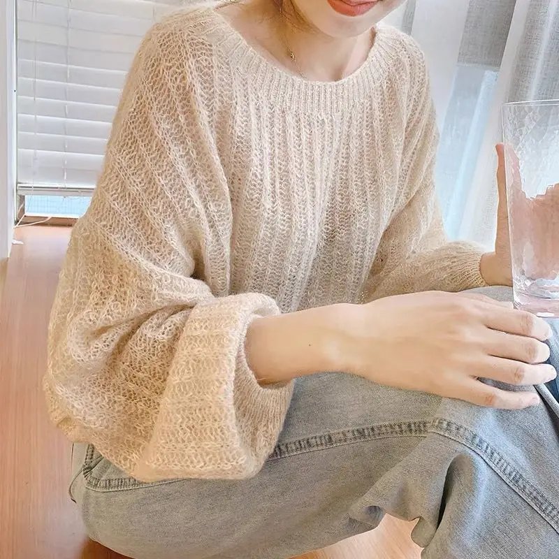 Early Autumn Thin Mohair Lantern Sleeve Sweater Women Round Neck Pullover Knit Sweater Loose Lazy Style Warm Apricot Color Top