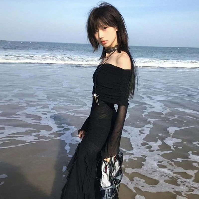 Seeslim صيف 2025 قبالة الكتف فساتين طويلة النساء الأسود شاطئ حفلة سهرة فستان سليم شبكة رداء Sideslit فساتين أنيقة Y2k