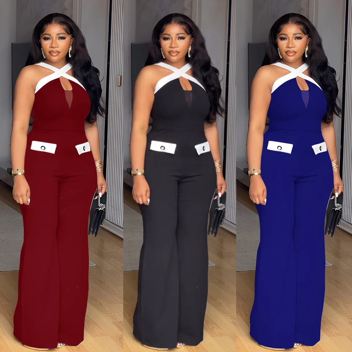 

2025 New Elegant Commuter Cross Strap Color Block Slim Elastic Wide Leg Jumpsuit Multiple Colors Available