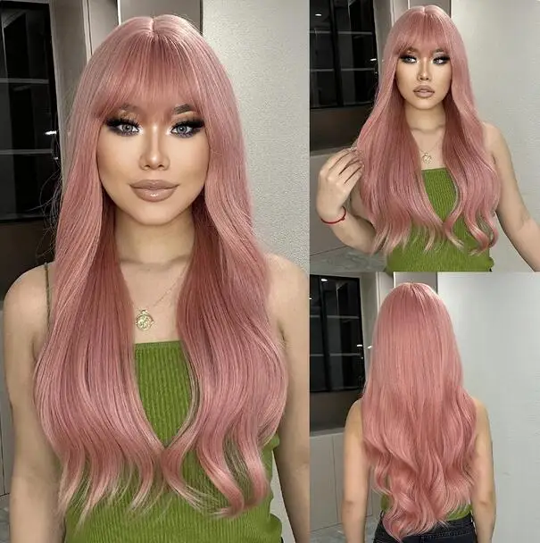 

Pink Long Water Wave Synthetic Wigs with Bangs for Women Wavy High Temperature Cosplay Party Hair Wigs Natural Looking