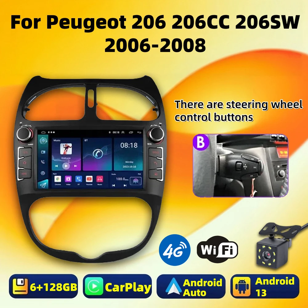 7-inch intelligent car camera compatible with Peugeot 206 2000-2008 Android large screen navigation and audio system, wireless C