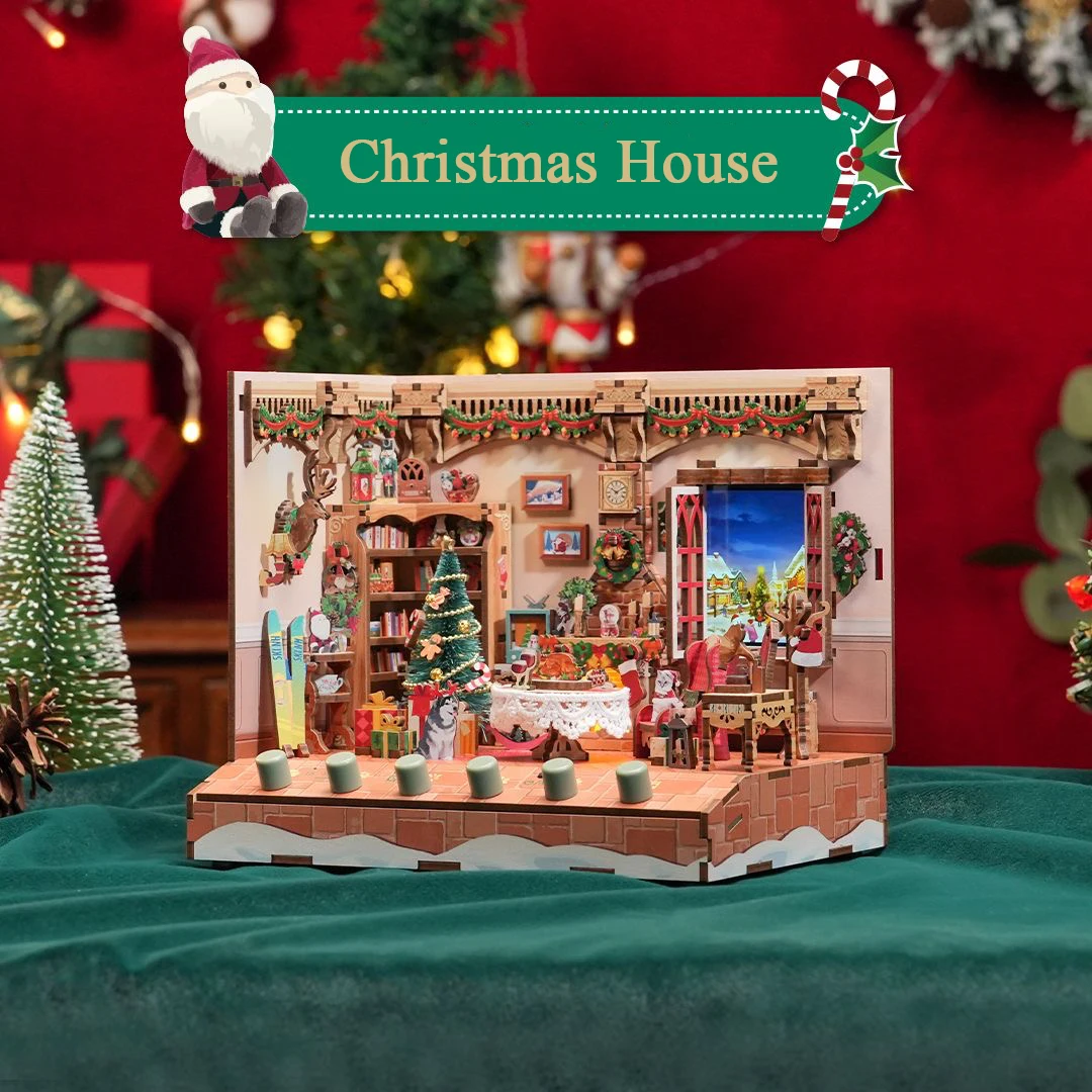 DIY Holz Weihnachten Cottage Miniatur Modell Kit Puppe Häuser Santa Claus Casa 3D Puzzle Puppenhaus Mit Sound Licht Freunde Geschenke