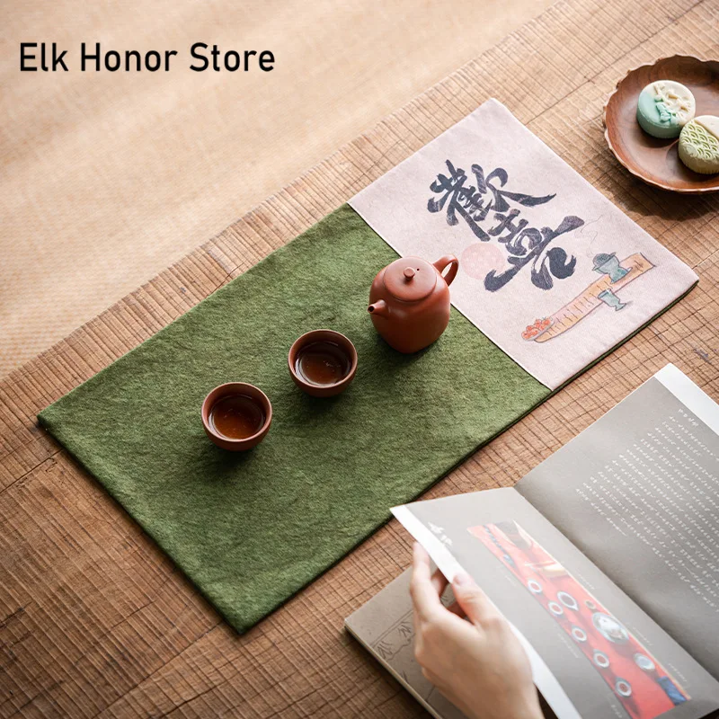 Chinese Joyful Linen Cloth Tea Table Mats Zen Double-layer Waterproof Tea Flag Dry Foam Tea Placemat Kung Fu Tea Accessories