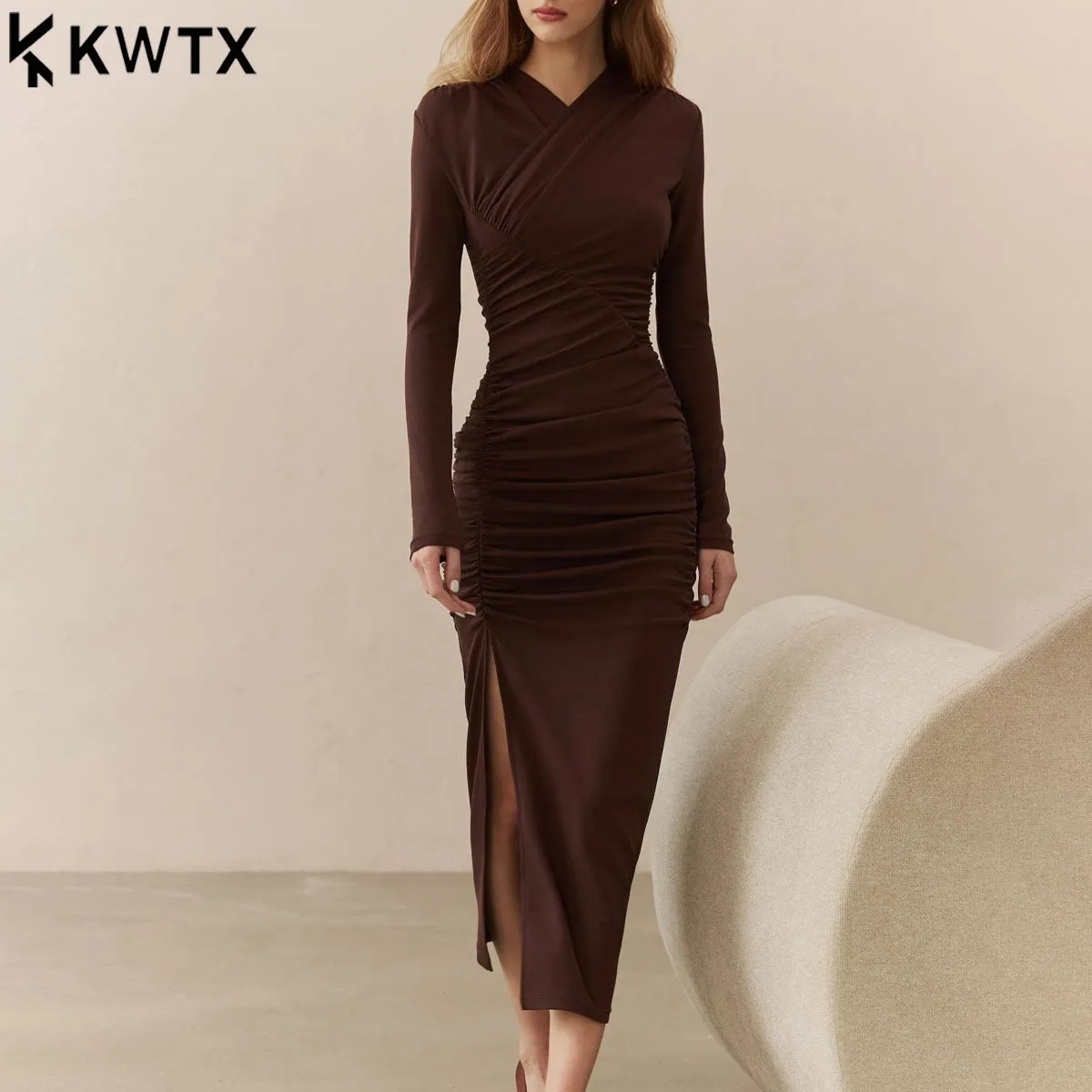 KWTX Abito aderente da ufficio per feste Manica lunga 2025 Primavera Estate Elegante vita aderente sexy Designer minimalista Qualità premium