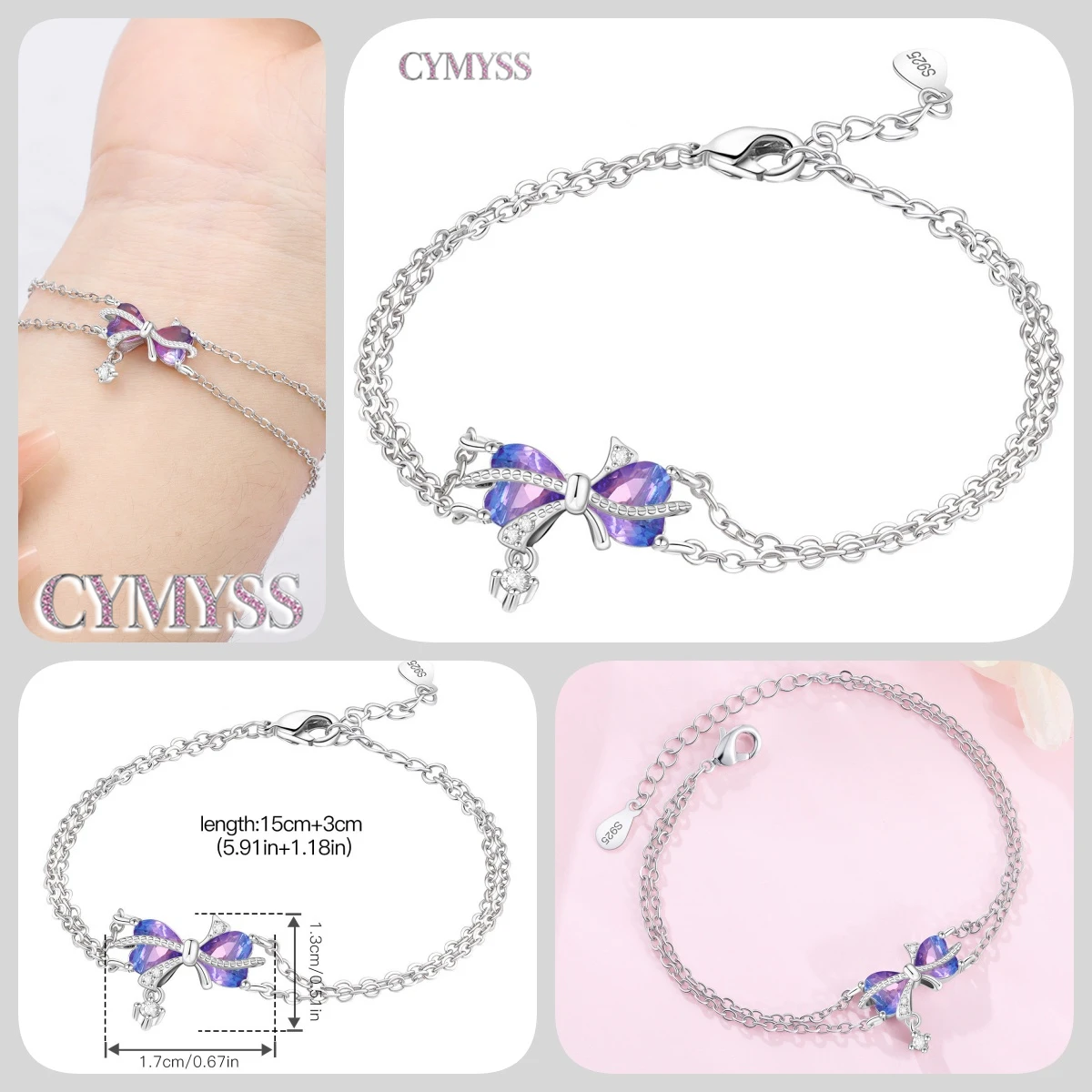 Zierliches Tennisarmband aus 925er Sterlingsilber mit Schmetterlingsanhänger und eingelegtem Zirkonia, edler Schmuck für Frauen, Hochzeits- und Geburtstagsgeschenk – Detail 25