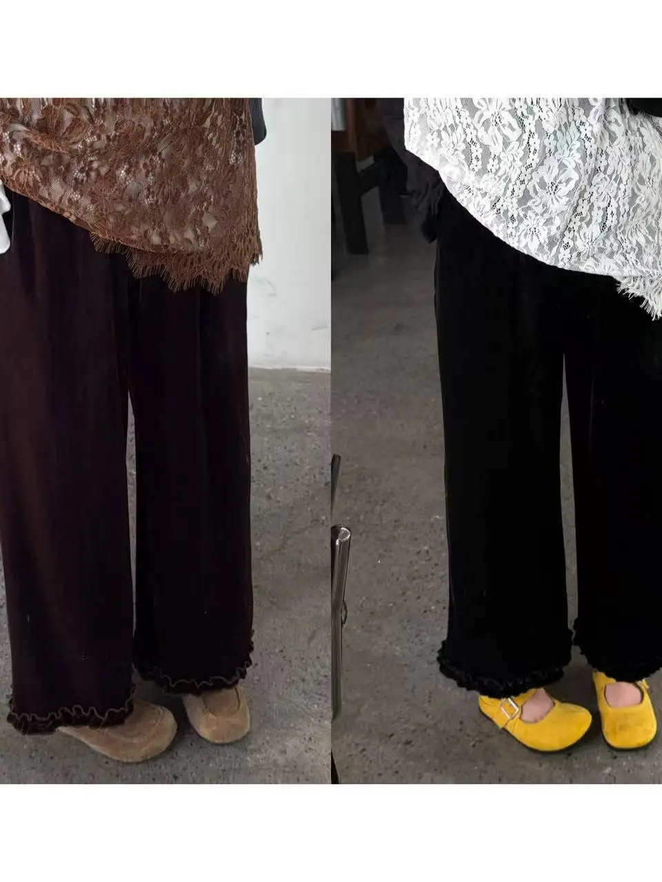 

Comfortable Velvet Straight Leg Pants Elastic Waist Candy Colored Flounce Hem Casual Trousers for Women by JINGU