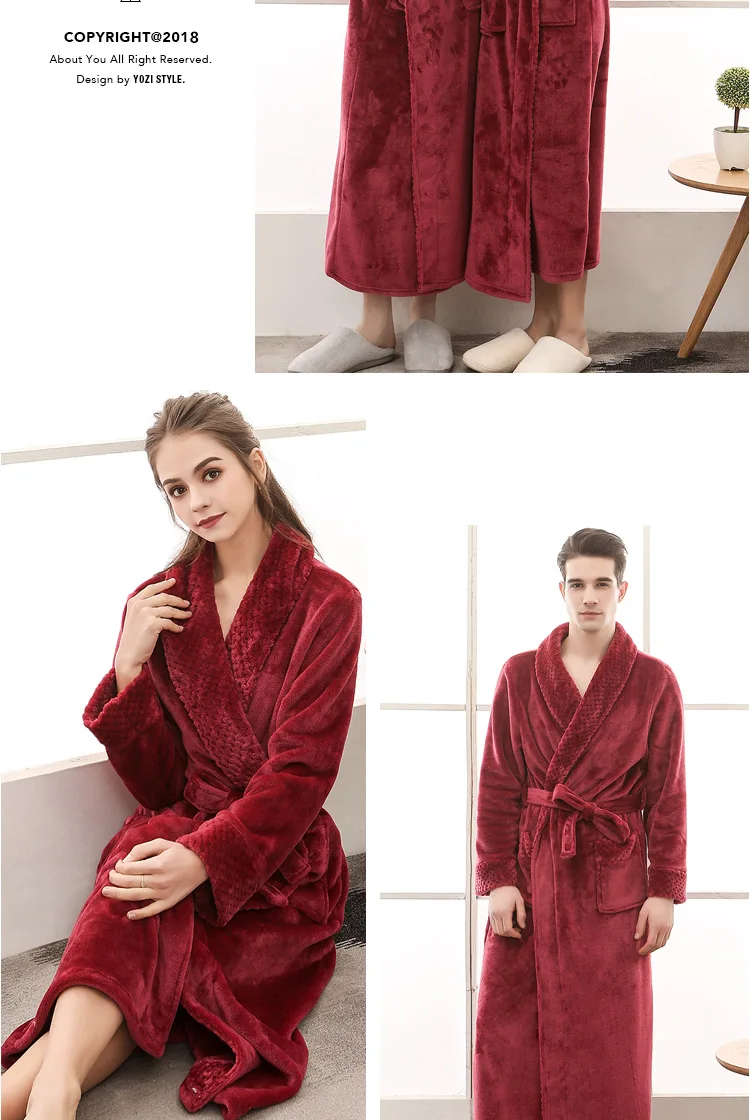 Warmer Winter-Bade- und Schlaf-Loungewear aus weichem Plüsch für Herren, stilvoller, gemütlicher, passender, langer Nerz-Fleece-Patchwork-Bademantel für Paare – Detail 11