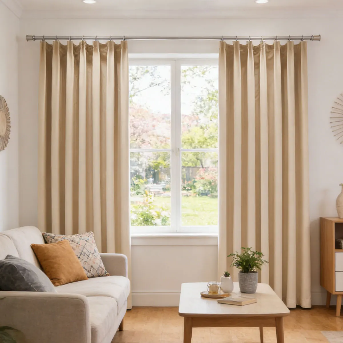 2 Panels Pinch Pleat Curtains with Adjustable Hooks, High Density Solid Beige Blackout Drapes, Vertical Pleat Thermal Curtains for Living Room Bedroom Home Decor