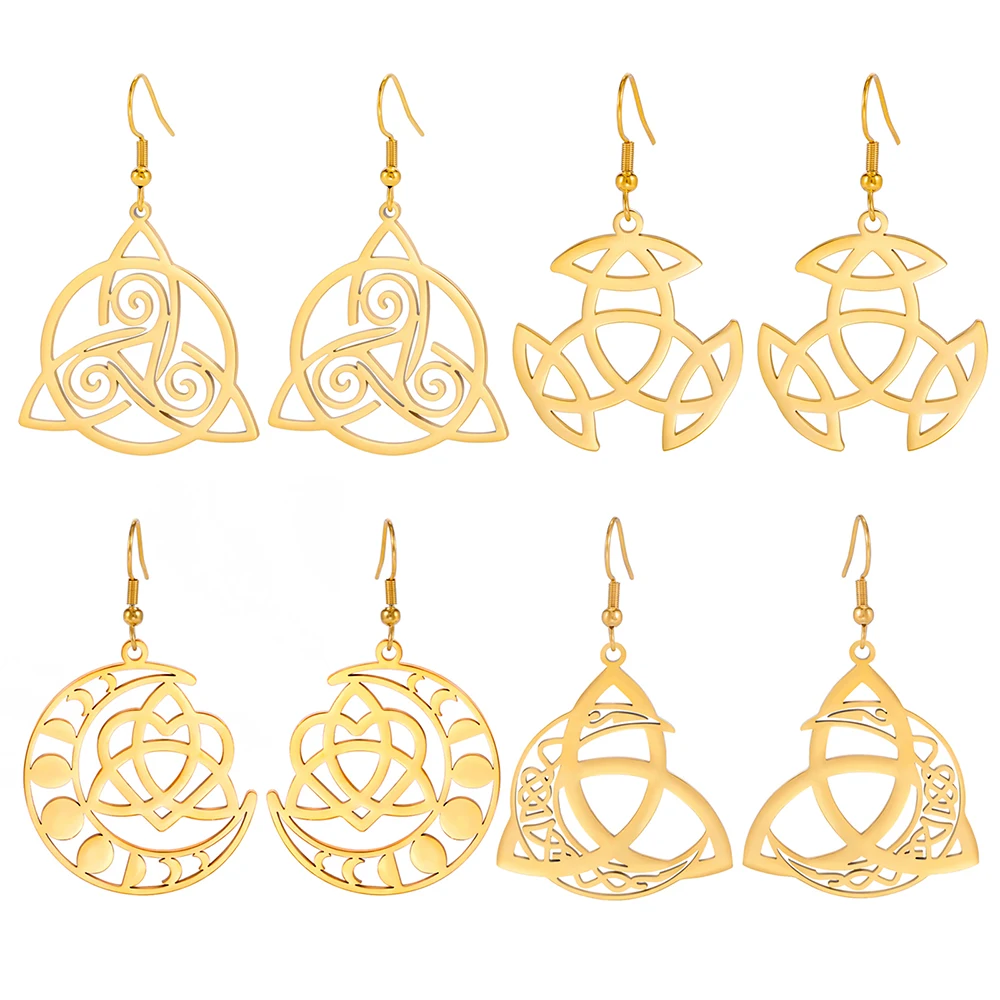 

Dawapara Good Luck Irish Trinity Knot Triangle Vintage Dangle Earrings Crescent Moon Triquetra Pendant Stainless Steel Jewelry