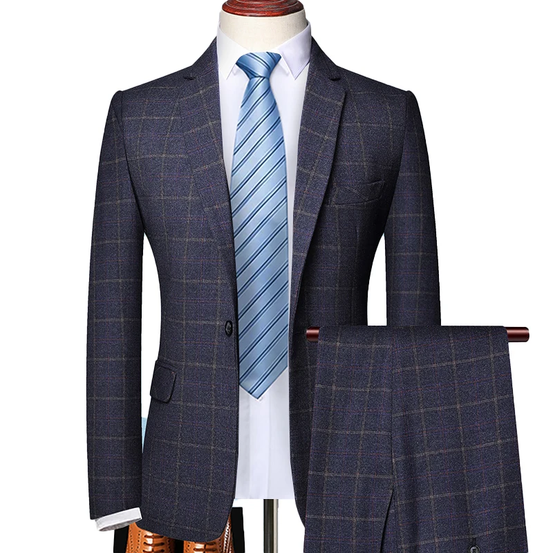 Blazer and Pants Classic Plaid Business Office Suits Two -piece Suit and One Jacket Groom Wedding Dress Party Host Trousers