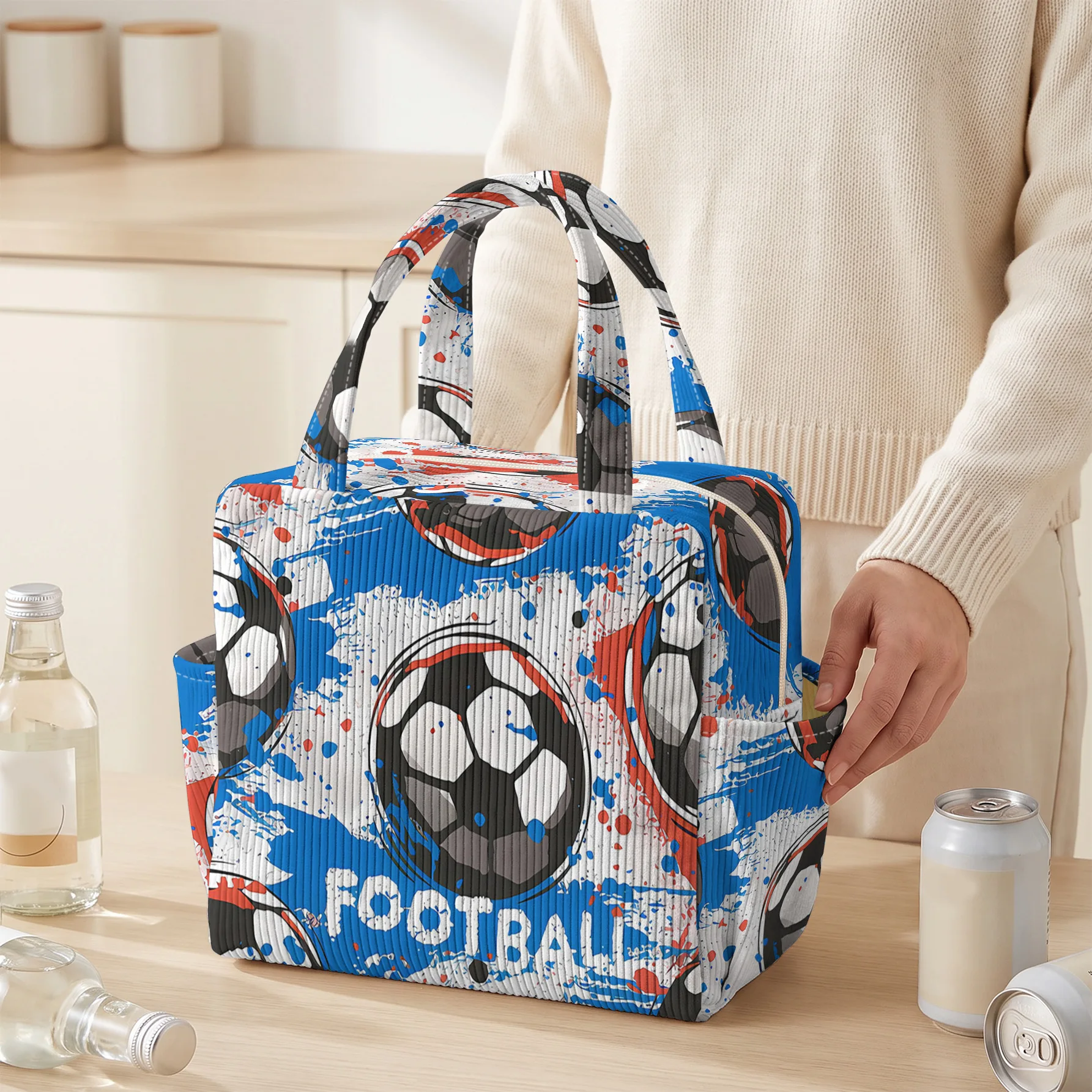 Corduroy Football Graffiti Print Insulated Lunch Bag Handheld Thermal Bento Bag with Side Pocket for Work Outdoor