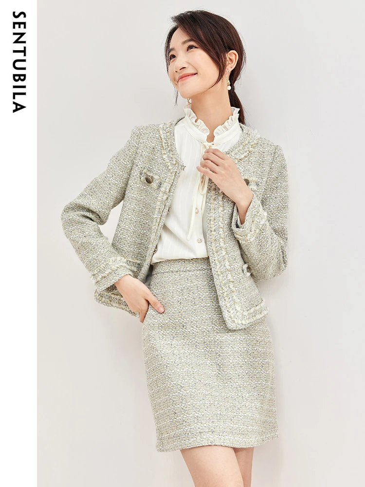 SENTUBILA Elegant Tweed Set Women\'s Outfits Cropped Jacket A-line Mini Skirt 2024 Spring Autumn 2 Piece Matching Sets 133Z50708