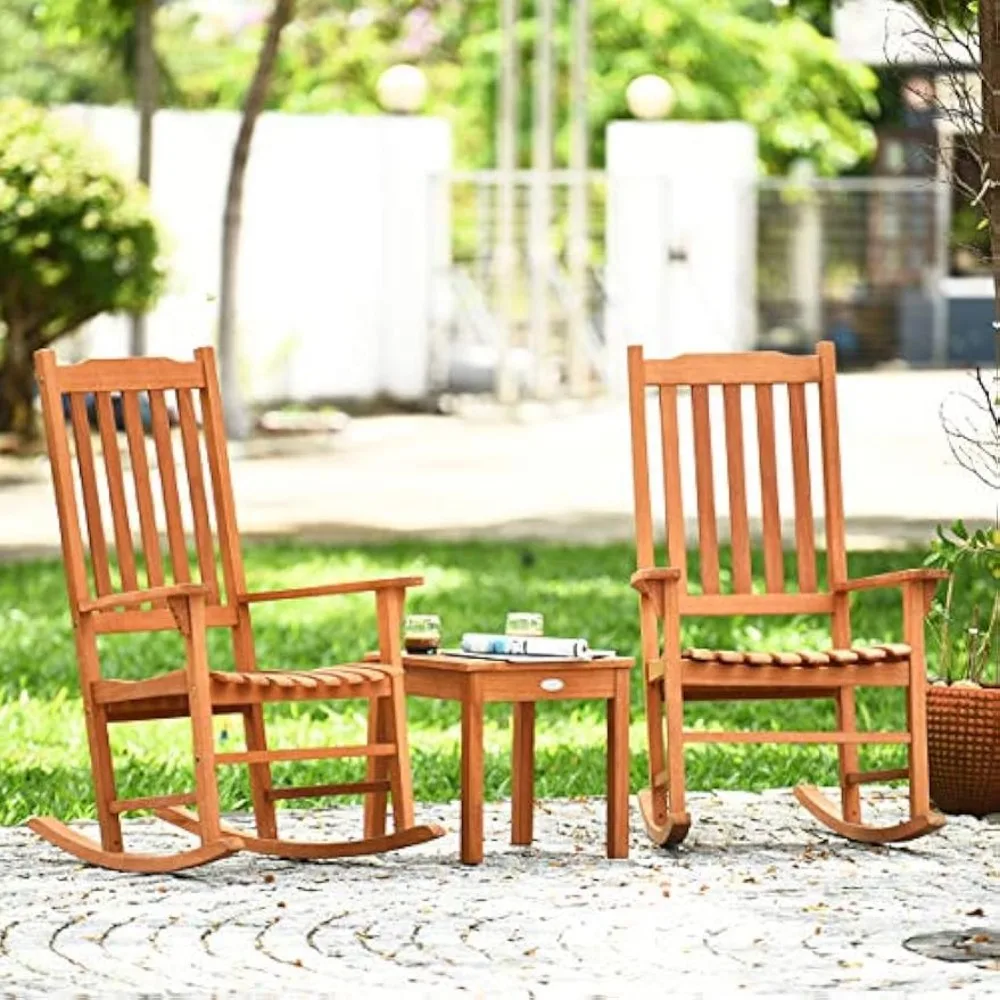 Juego de mecedora de 3 piezas, muebles de exterior de madera con dos sillas de conversación y mesa decorativa