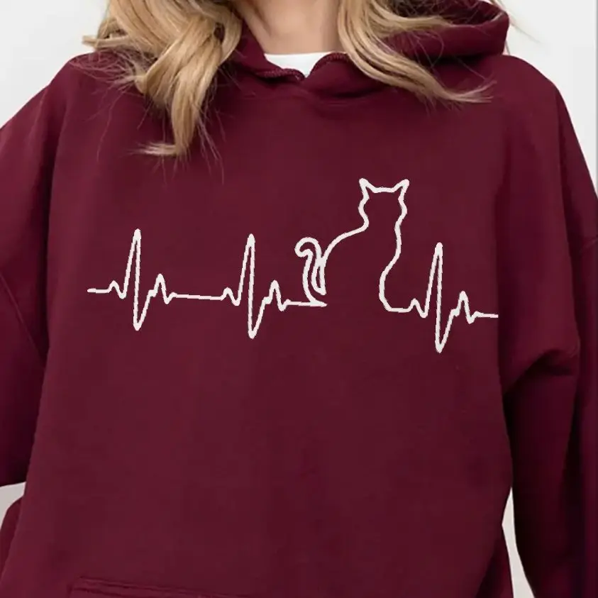 

Unisex Sweatshirt Long Sleeves Casual Hoodies Stylish Pullover Daily Wear Multiple Colors Versatile ECG Line Kitten Minimalist