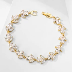 ZAKOL Luxury AAA Cubic Zirconia Wedding Bracelets for Women High Quality White Gold Color Leaf Charm Bracelet Bangles