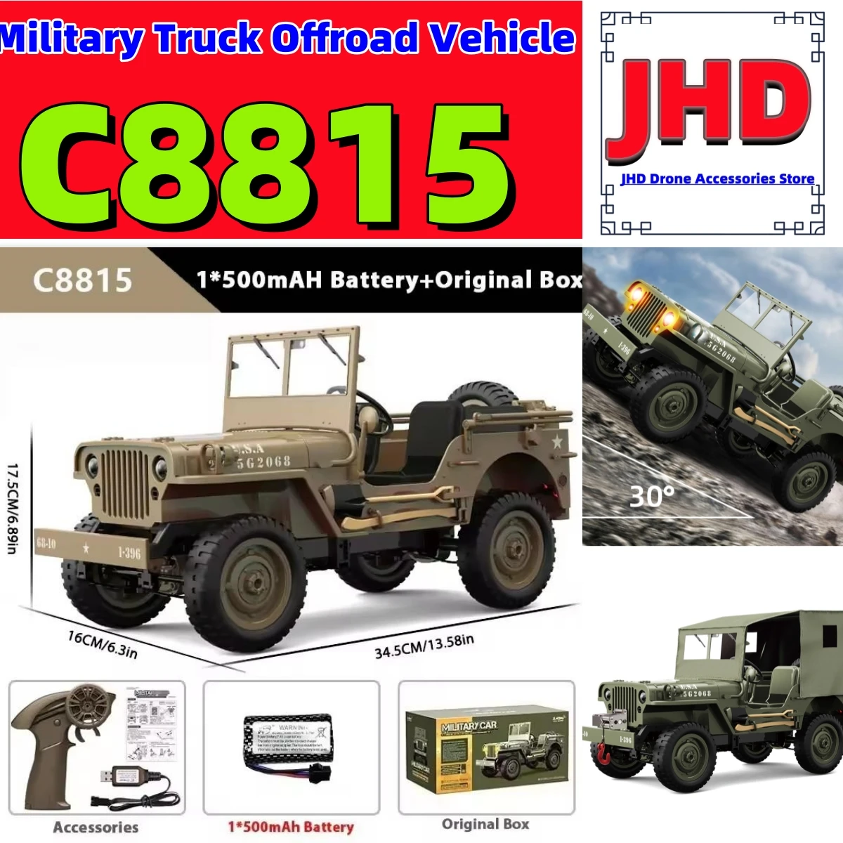 JHD FOR JJRC C8815 Rc Car 1941 JEEP WILLYS 2.4g 4wd RTR Crawler Climbing Scale Military Truck Offroad Vehicle C8815 Car Gift