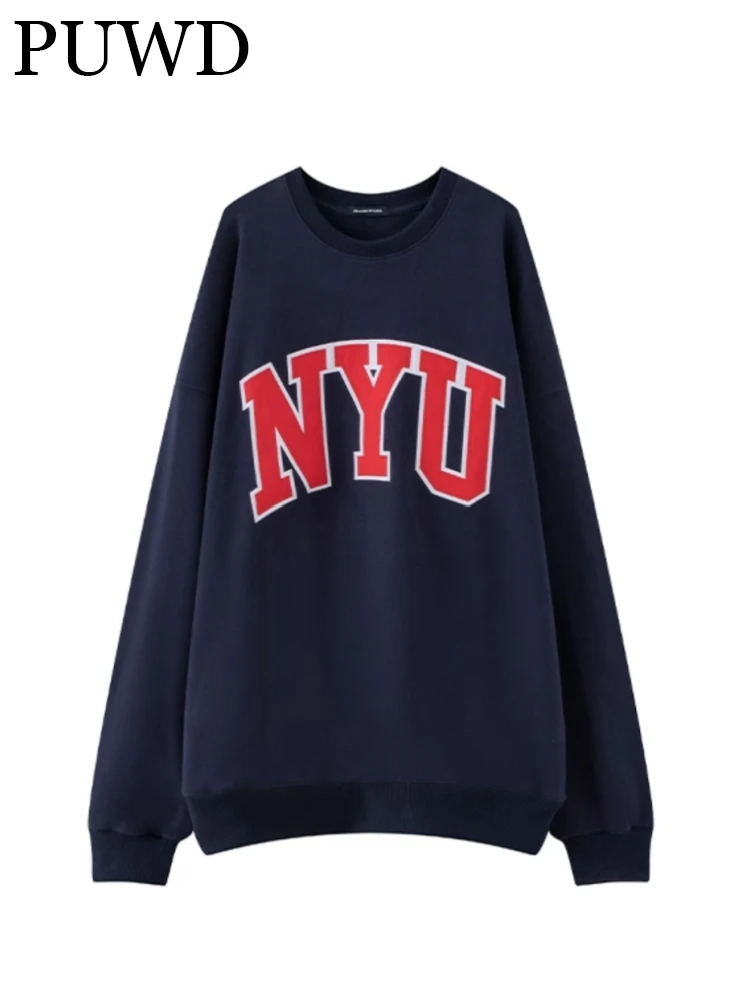 

PUWD Women Fashion Soft Cotton Embroidery Sweaters 2023 Summer Vintage O Neck Long Sleeves Female Letter Print Pullovers Chic