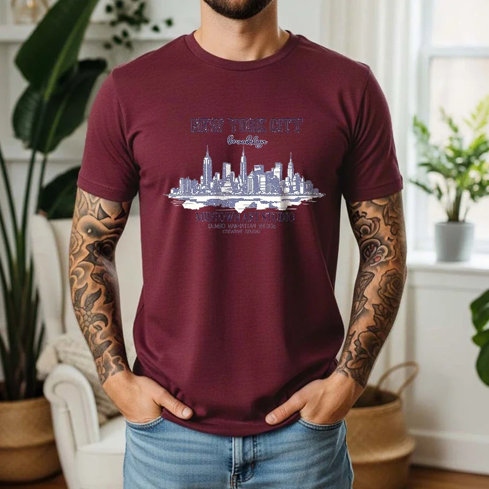 Mens 100% Cotton T Shirt New York City Brooklyn Midtown Art Studio Skyline Vintage Print Breathable Short Sleeve Daily Wear