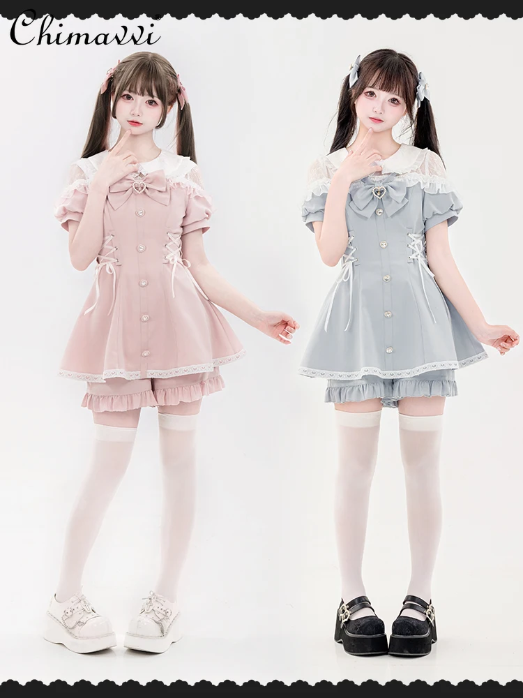 Japanese Mine Style Mass-Produced Cute Short Sleeve Dress Suit Summer Sweet Girl Lady Dress Shorts Lolita Two-Piece Sets Outfits