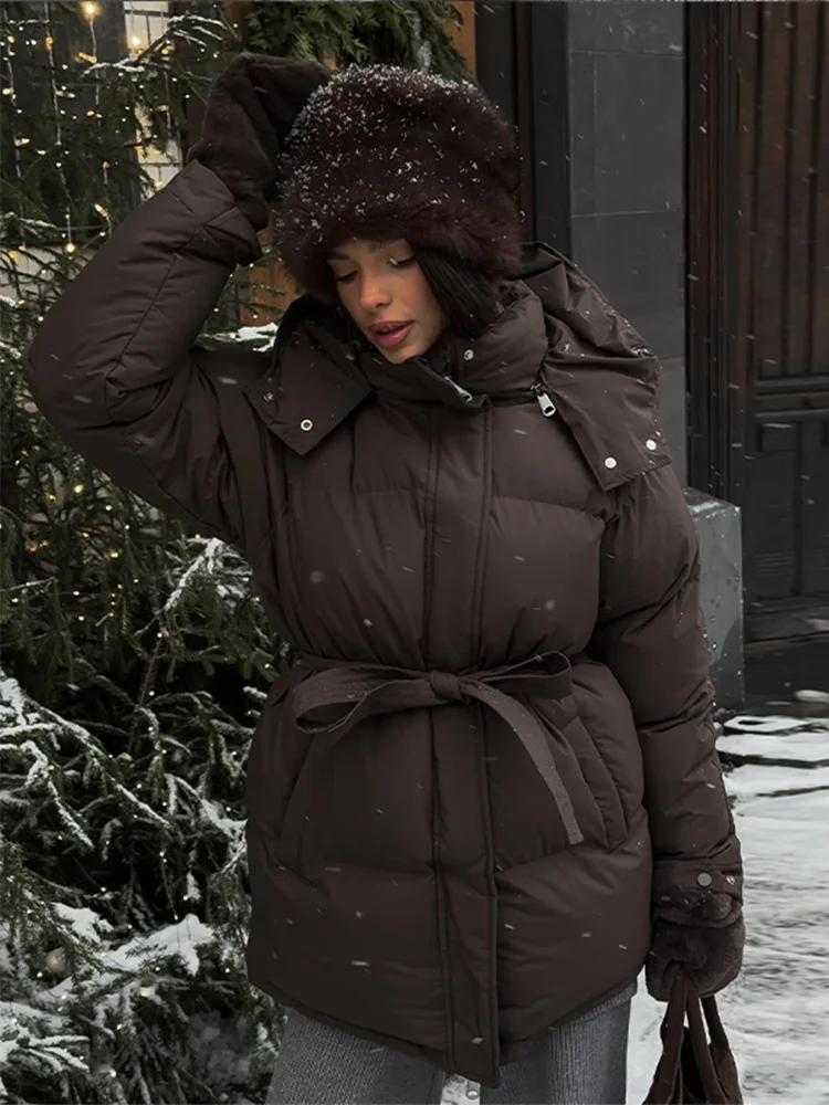 겨울 따뜻한 후드 코튼 재킷 여성 패션 스탠드넥 지퍼 긴 소매 레이스업 코트 2025 여성 시크 캐주얼 아우터웨어