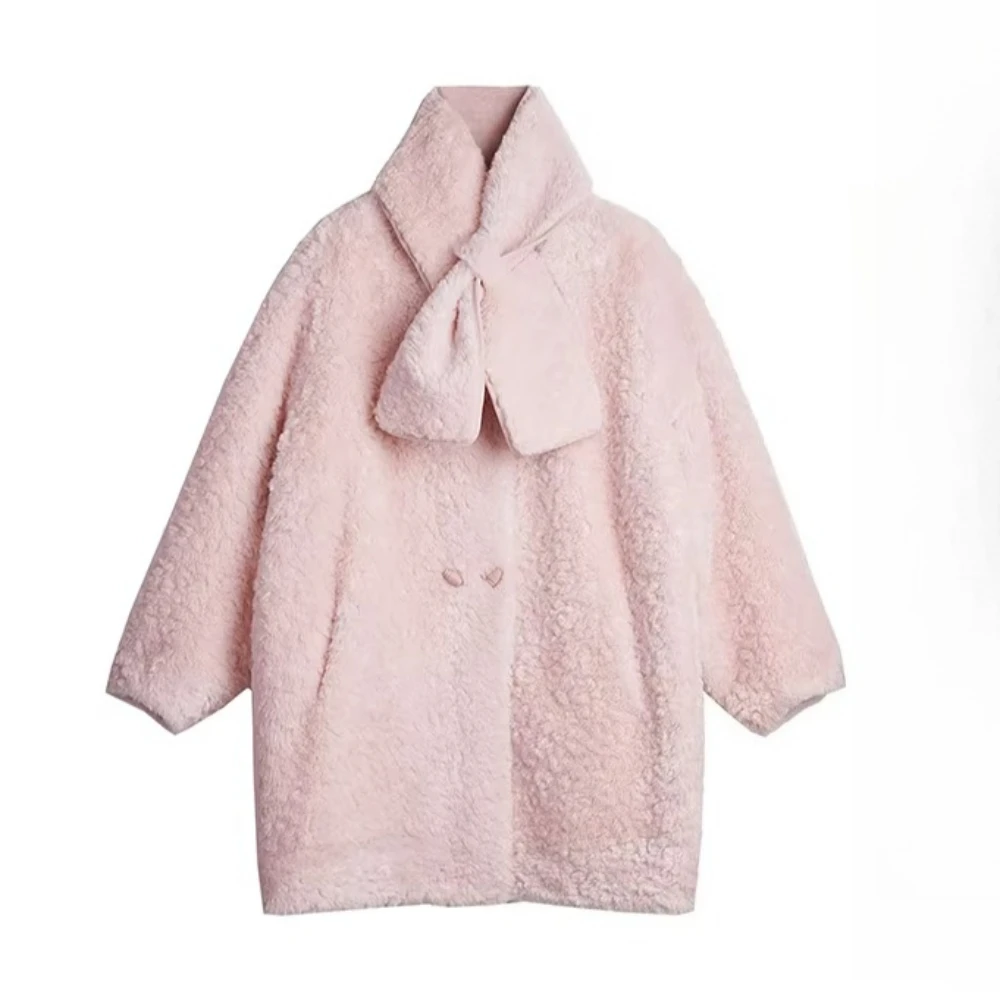 OLrain manteau de fourrure femme épaissi mi-long Style français 2025 femmes manteaux d'hiver avec écharpe col rond dame vestes WGO57DP003622