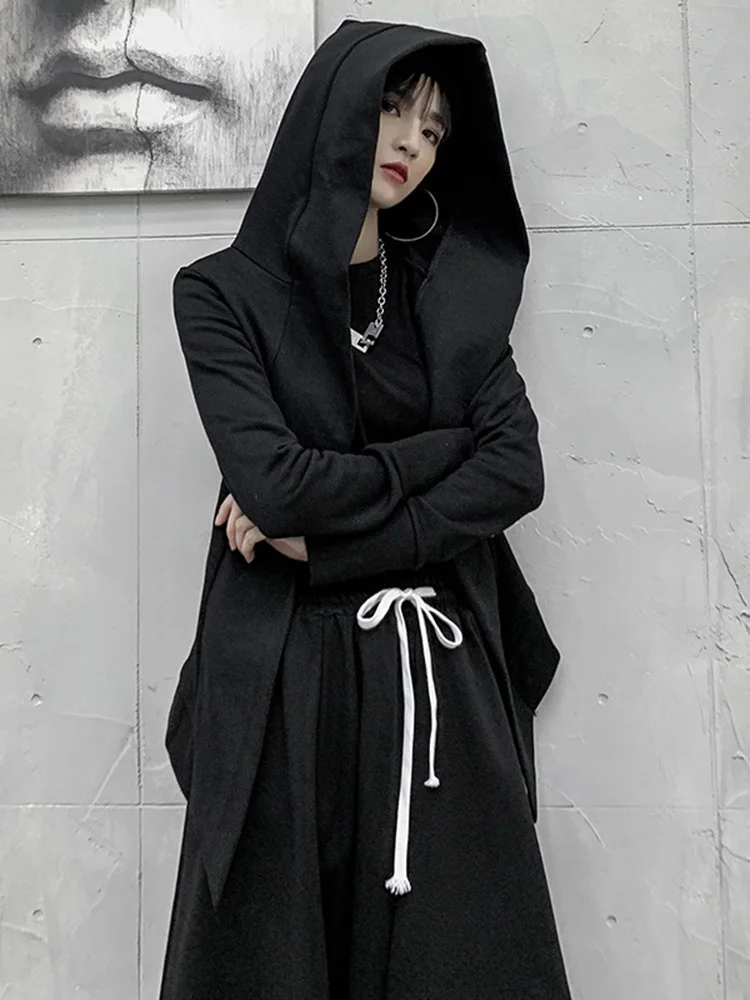 [EAM] Loose Fit Black Irregular Casual Jacket New Hooded Long Sleeve Women Coat Fashion Tide Spring Autumn 2024 1DF4696