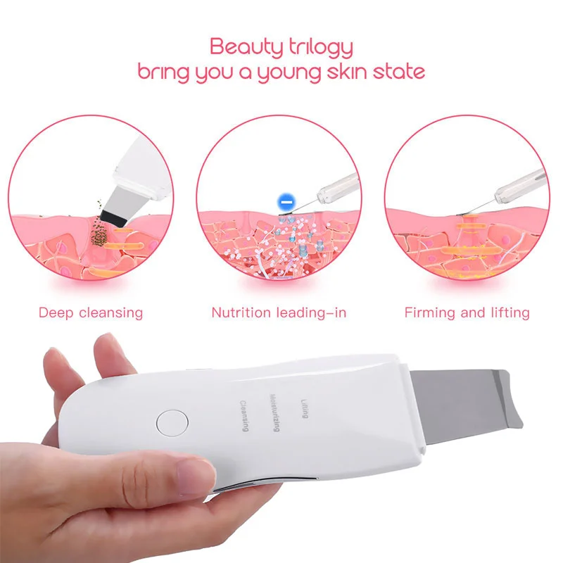 Ultrasonic Skin Scrubber, Espátula Facial, Removedor de cravos, Pá Limpa, Vibração Facial Lifting, Levantamento Cuidados Com A Pele