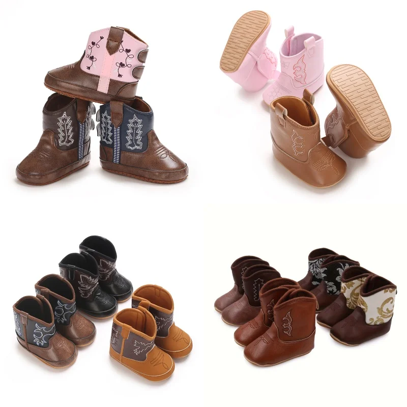 

2025 New 0-12 Months Baby Boots Cowboy Boots High Top PU Leather Boots Embroidered Baby Boots