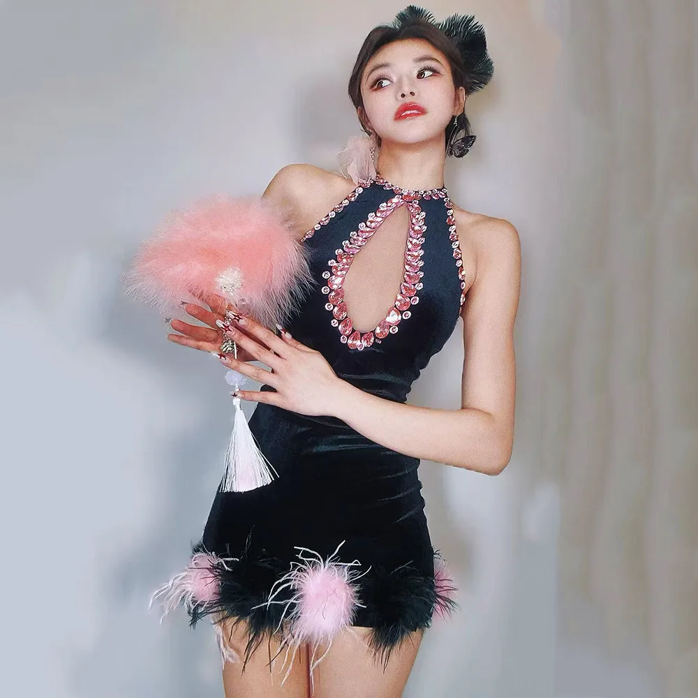 Sexy Black Velvet Backless Rhinestones Mini Dress Women Birthday Party Club Show Short Dress Singer Stage Performance Costume