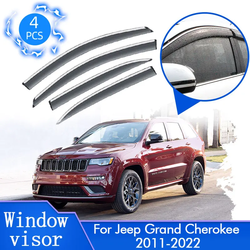 

4 шт. для Jeep Grand Cherokee WK2 2011 ~ 2022, дождевики для окон, дефлекторы, навес, отделка, защитная крышка, лобовое стекло, автомобильные аксессуары