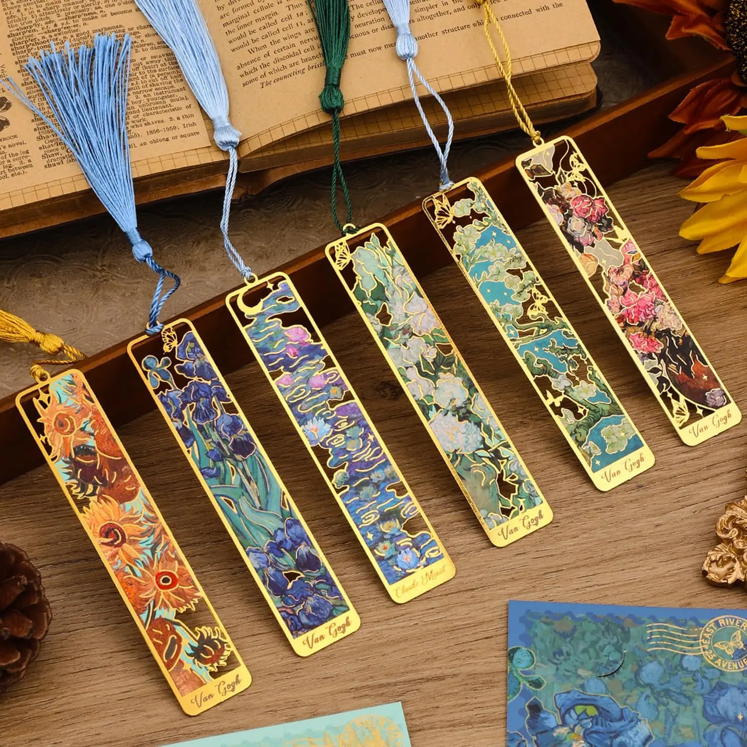 

6 Metal Bookmarks with Tassel, Golden Hollow Oil Painting Bookmark for Book Lovers Readers Teens