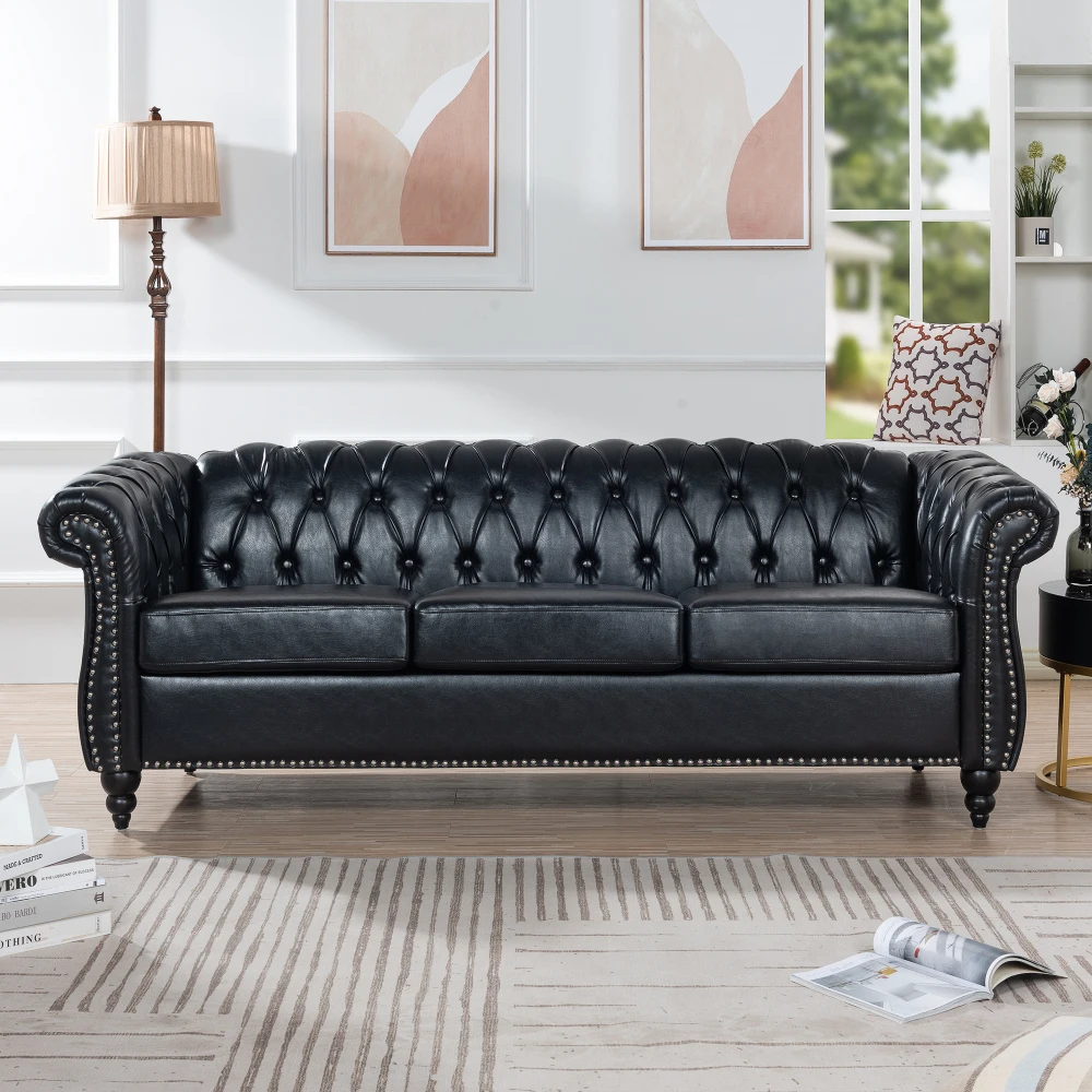 

Overseas Warehouse US Stock Black Birch Solid Wood Plywood PU Foam Pocket Springs Rolled Arm Chesterfield Three Seater Sofa
