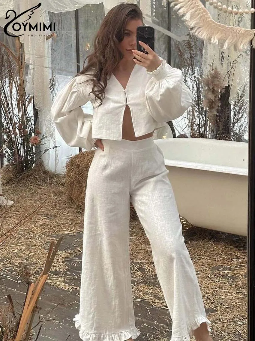 

Oymimi Casual White Cotton Womens 2 Piece Outfit Set Fashion V-Neck Long Sleeve Button Shirts And High Waist Ruffled Pants Sets